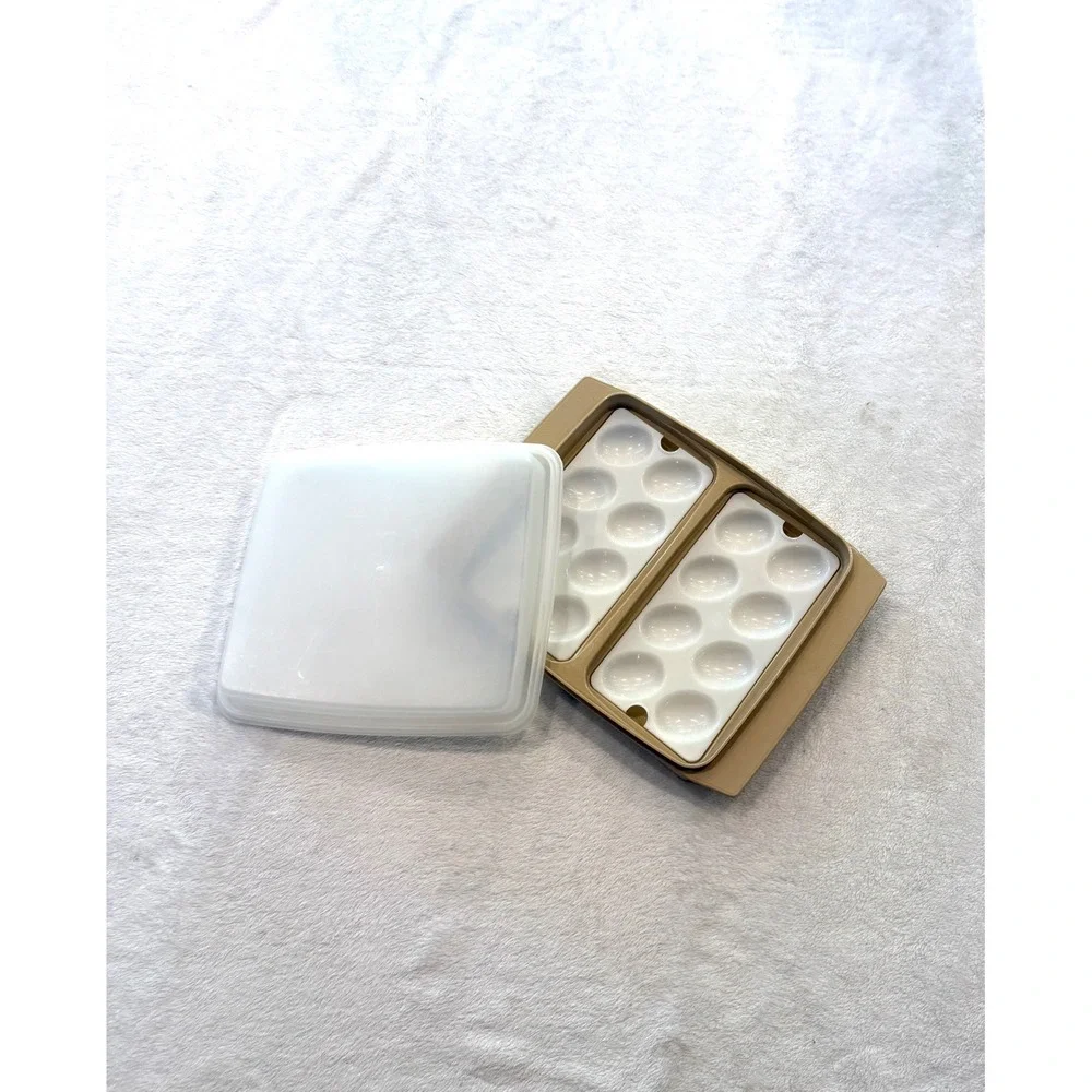Vintage Tupperware Deviled Egg Carrier 723-1 Almond Tan White Trays with Lid